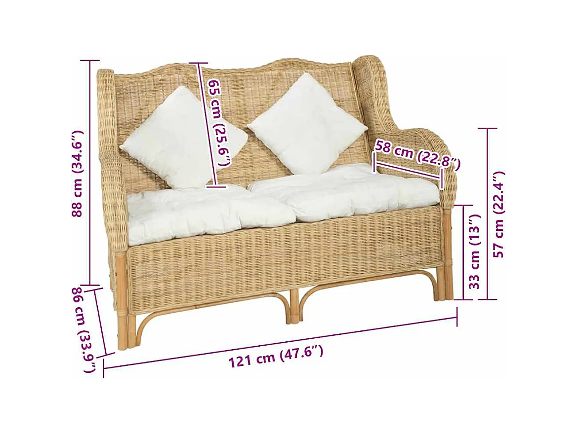 Divano a 2 posti in rattan naturale e lino