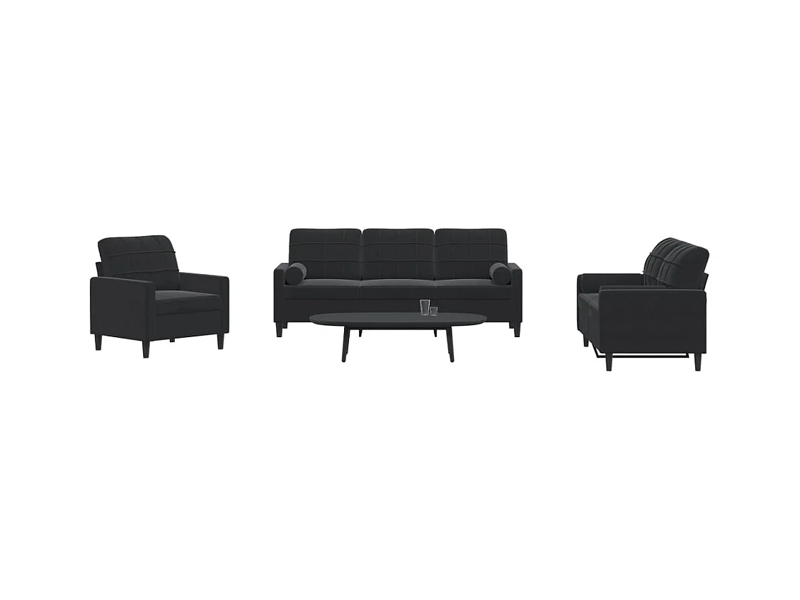 Conjunto de sofá de 3 piezas con cojines y almohadones de terciopelo negro