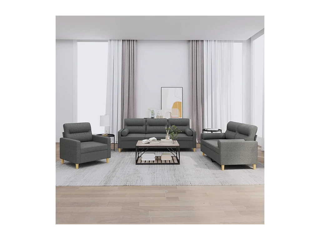 Set di divani da 3 pezzi con cuscini in tessuto grigio scuro