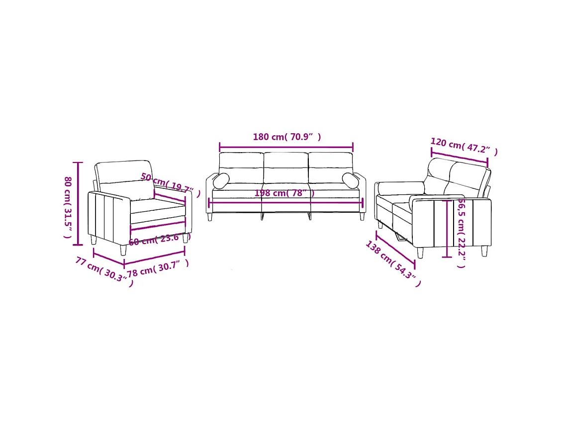 Set di divani da 3 pezzi con cuscini in tessuto grigio scuro
