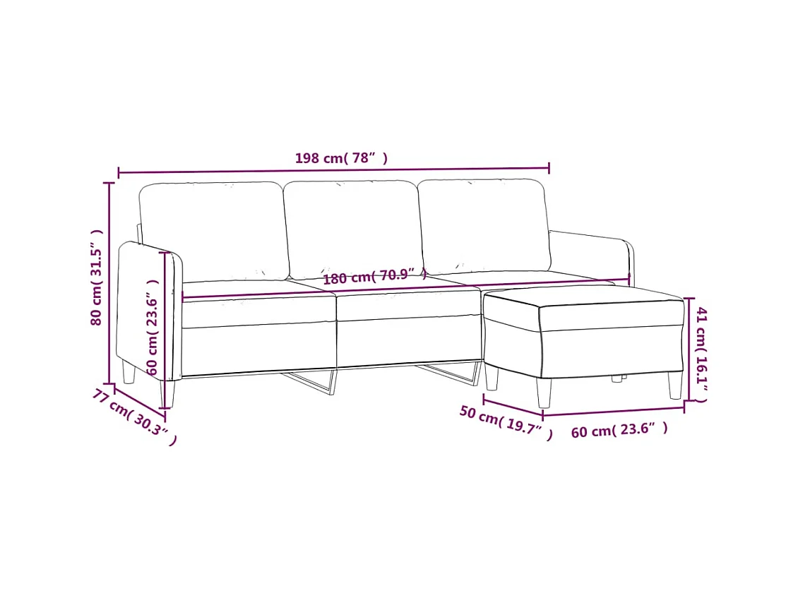Divano 3 posti e poggiapiedi rosso bordeaux 180 cm Velluto