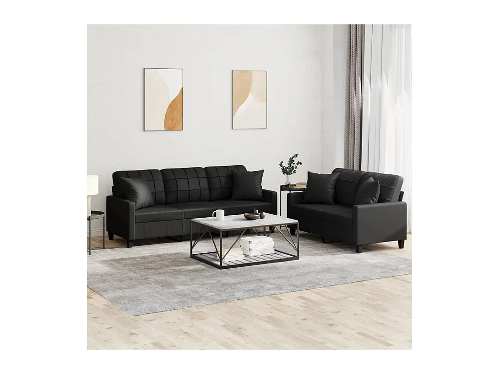 Ensemble de canapés 2 pcs avec coussins noir similicuir