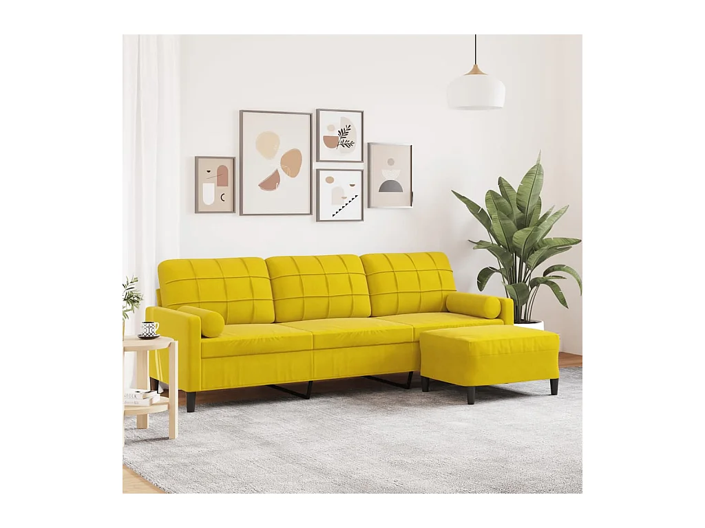 Sofá 3 plazas con reposapiés amarillo 210 cm terciopelo