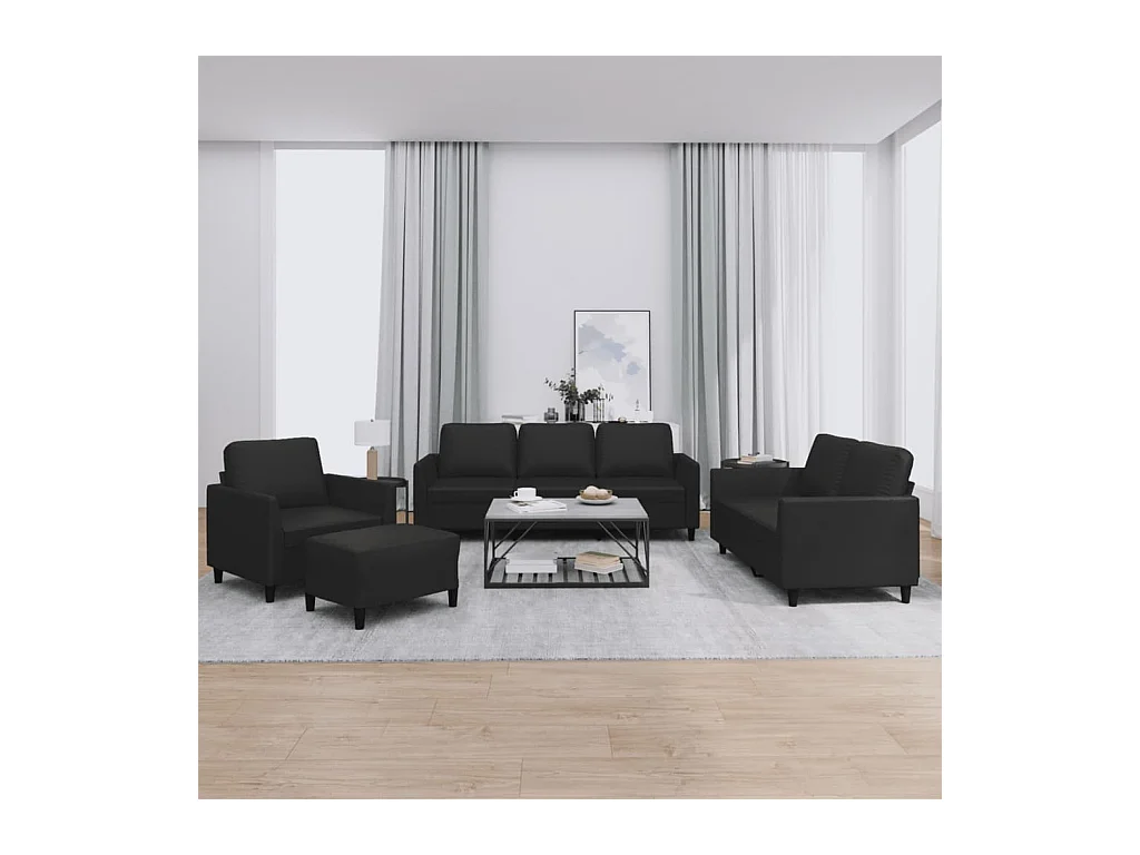 4-delige bankset met kussens, zwart imitatieleer
