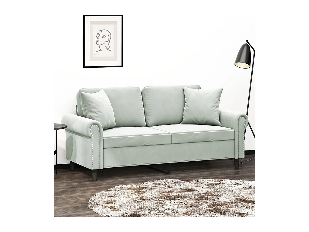 Sofá de 2 plazas con cojines gris claro de terciopelo de 140 cm