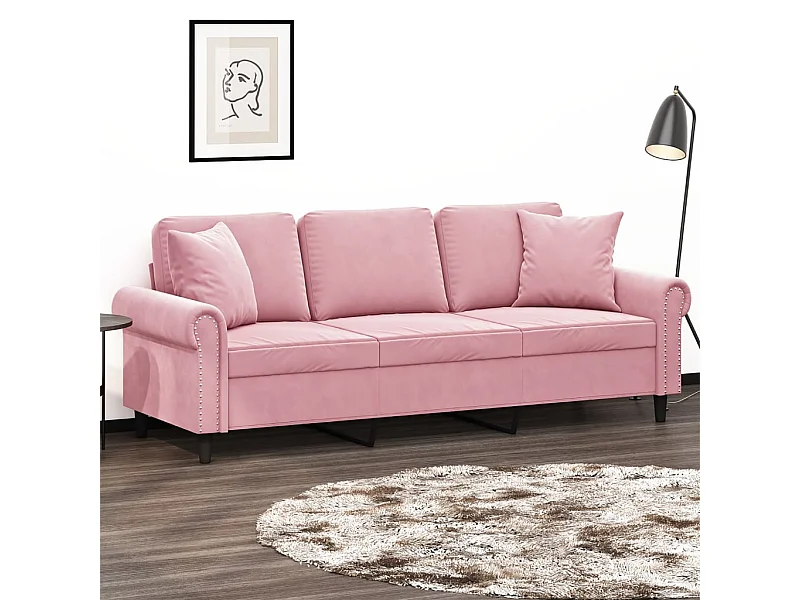 Divano 3 posti con cuscini decorativi rosa 180 cm in velluto