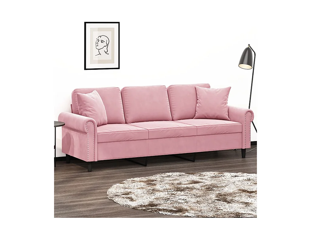 Divano 3 posti con cuscini decorativi rosa 180 cm in velluto