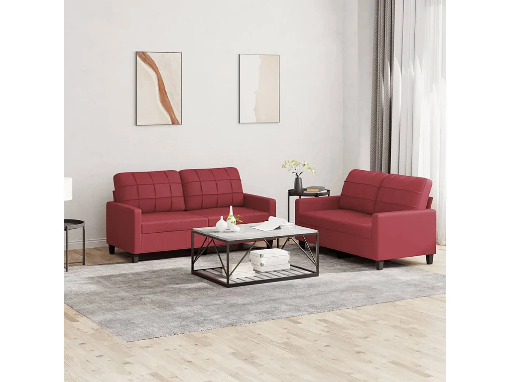 Conjunto de sofá de 2 piezas con cojines Piel sintética color rojo burdeos