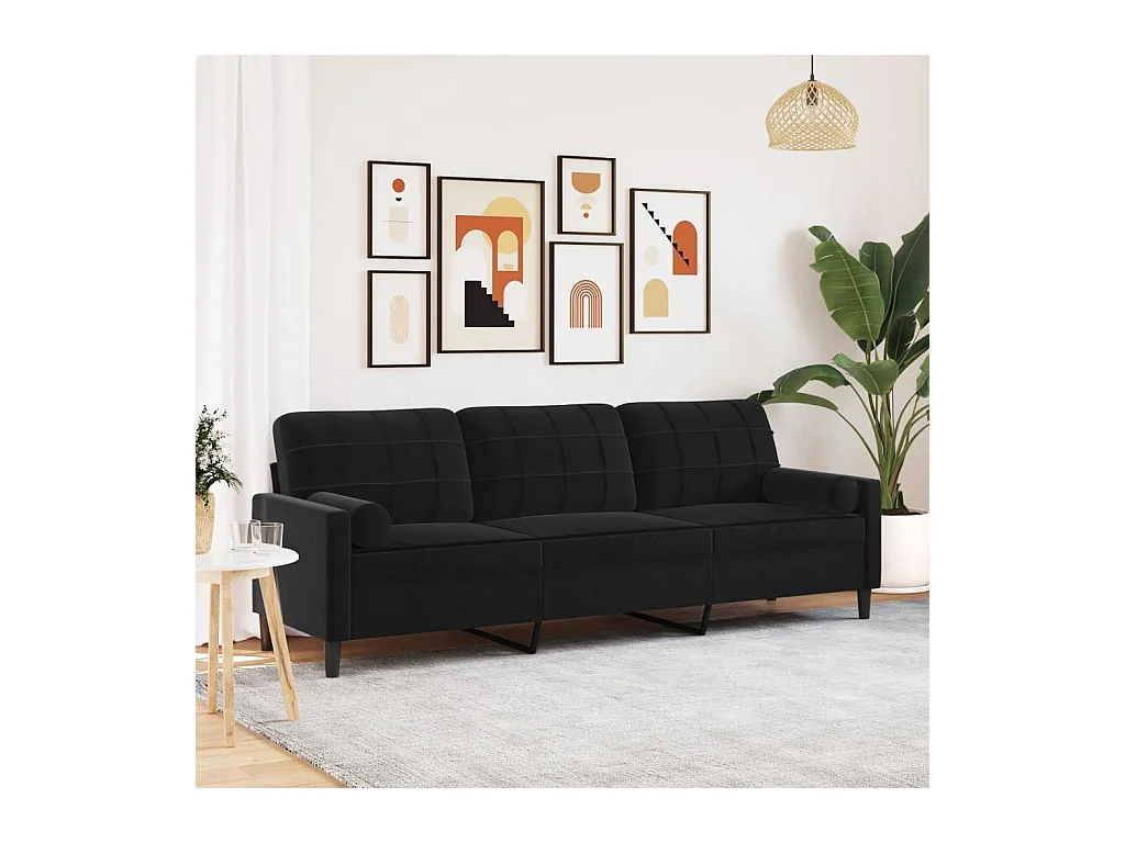 Sofá de 3 plazas con cojines decorativos de terciopelo negro de 210 cm.