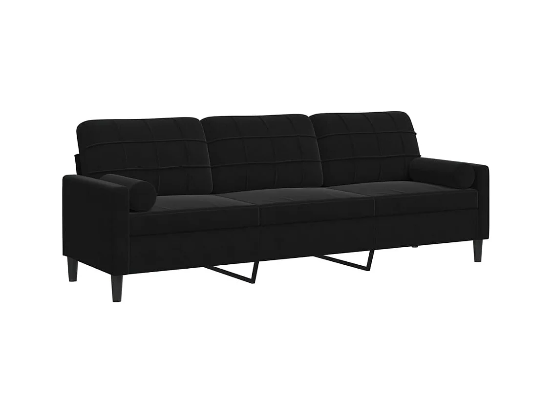 Sofá de 3 plazas con cojines decorativos de terciopelo negro de 210 cm.