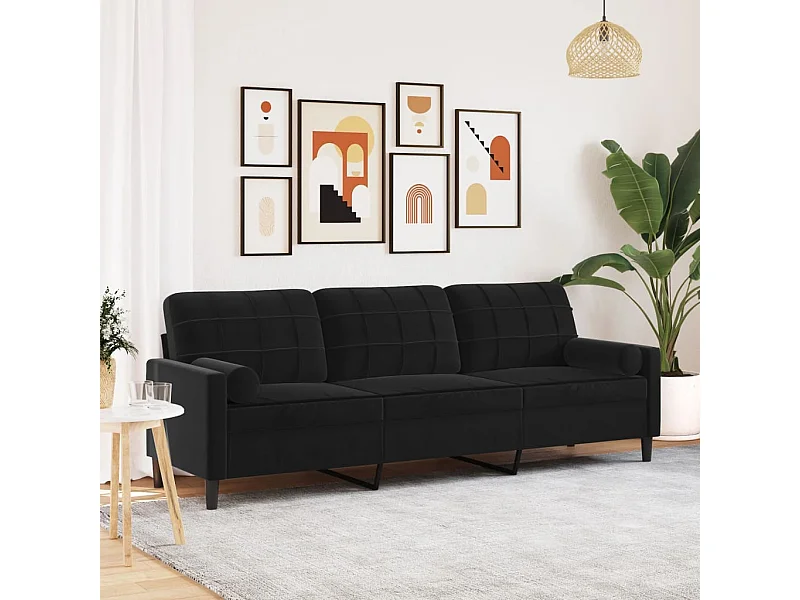 Sofá de 3 plazas con cojines decorativos de terciopelo negro de 210 cm.