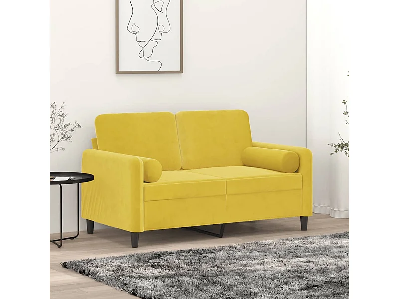 Sofá de 2 plazas con cojines decorativos de terciopelo amarillo de 120 cm.
