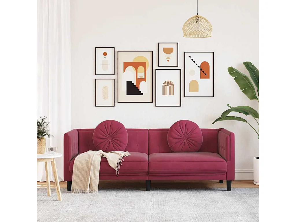 Sofá de 3 plazas con cojines de terciopelo rojo burdeos