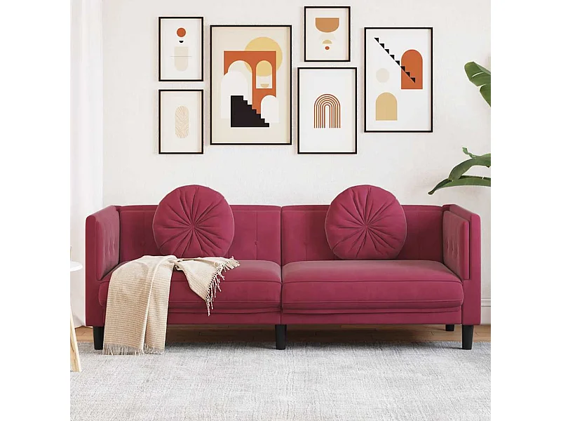 Sofá de 3 plazas con cojines de terciopelo rojo burdeos