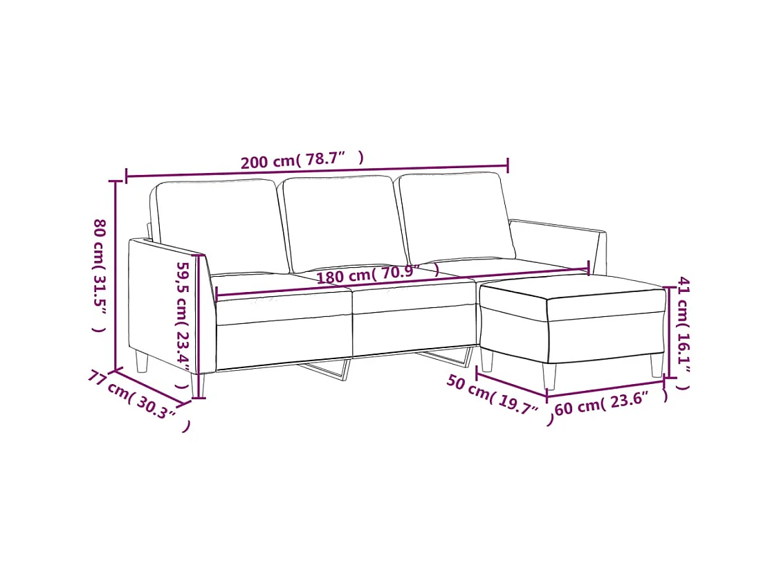 Divano 3 posti con poggiapiedi Nero 180 cm Similpelle