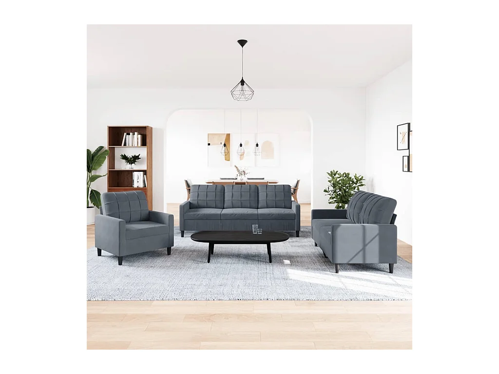 Set di divani 3 pezzi con cuscini in velluto grigio scuro