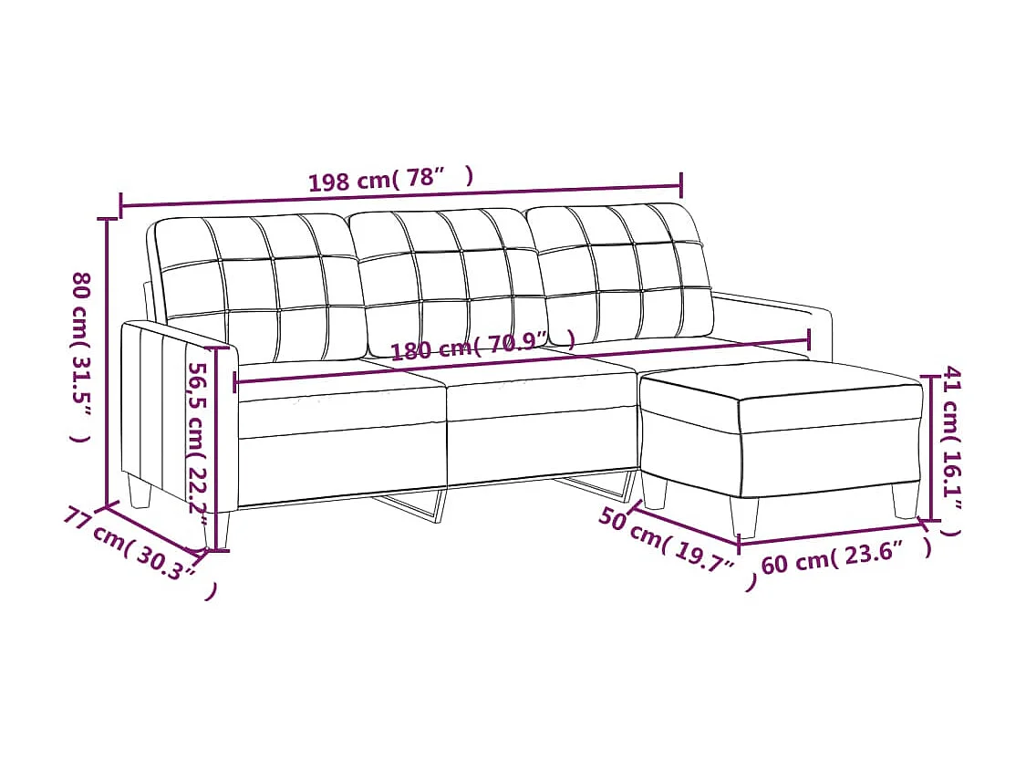 Sofá 3 plazas con reposapiés Gris 180 cm Piel sintética