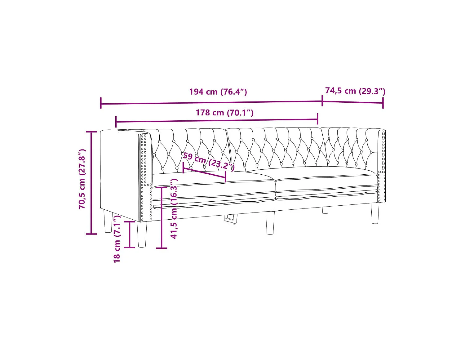 Canapé à 3 places Chesterfield marron similicuir