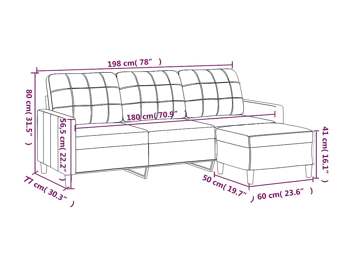 Canapé à 3 places avec repose-pieds Gris foncé 180 cm Tissu