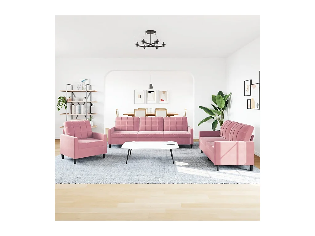 Set di divani 3 pezzi con cuscini, velluto rosa