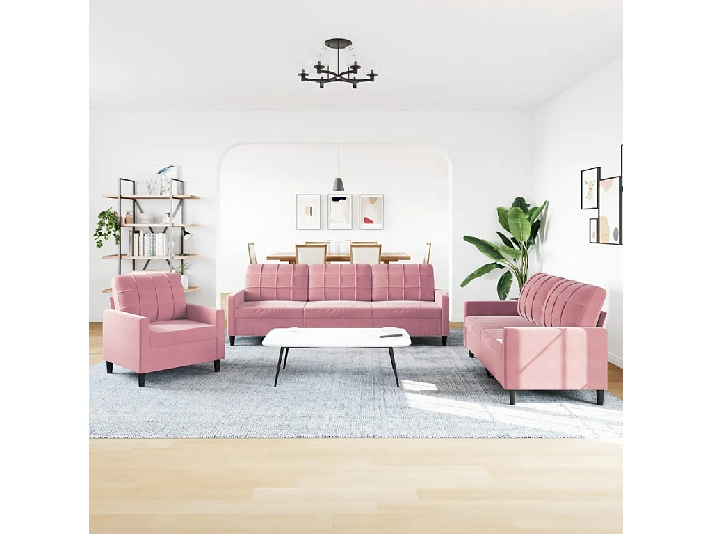 Conjunto de sofá de 3 piezas con cojines, terciopelo rosa