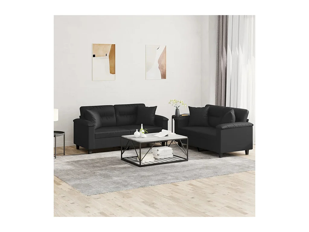 2-delige bankstel met zwarte kunstleren kussens