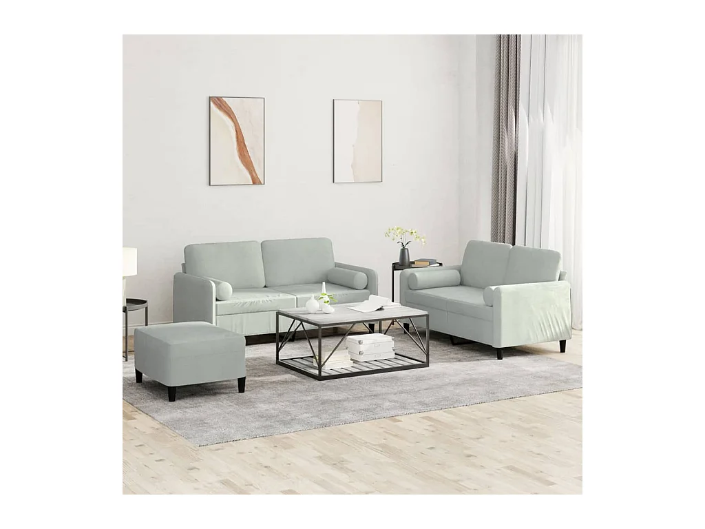 Conjunto de sofá de 3 piezas con cojines de terciopelo gris claro