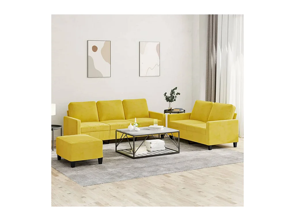 Set di divani 3 pezzi con cuscini in velluto giallo