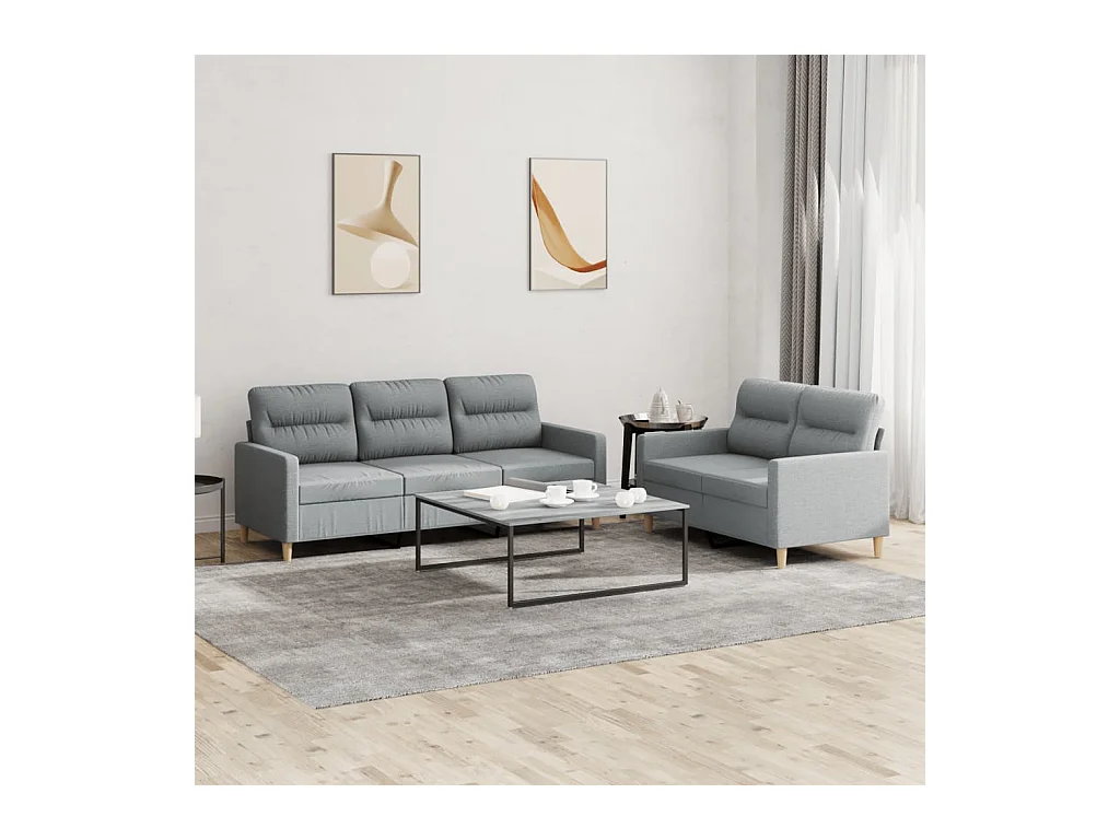 2-teiliges Sofaset mit Kissen, hellgrauer Stoff