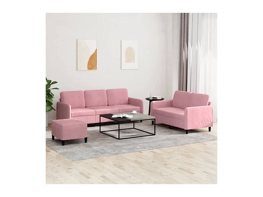 Set di divani in velluto rosa da 3 pezzi