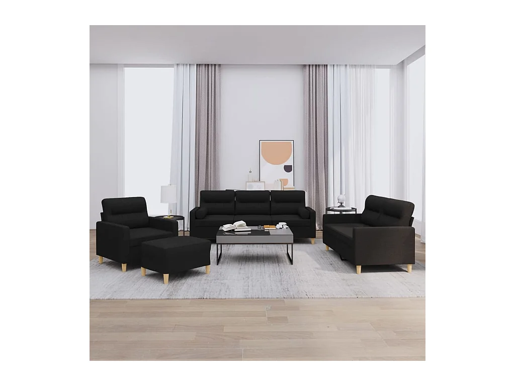 Conjunto de sofá de 4 piezas con cojines de tela negra