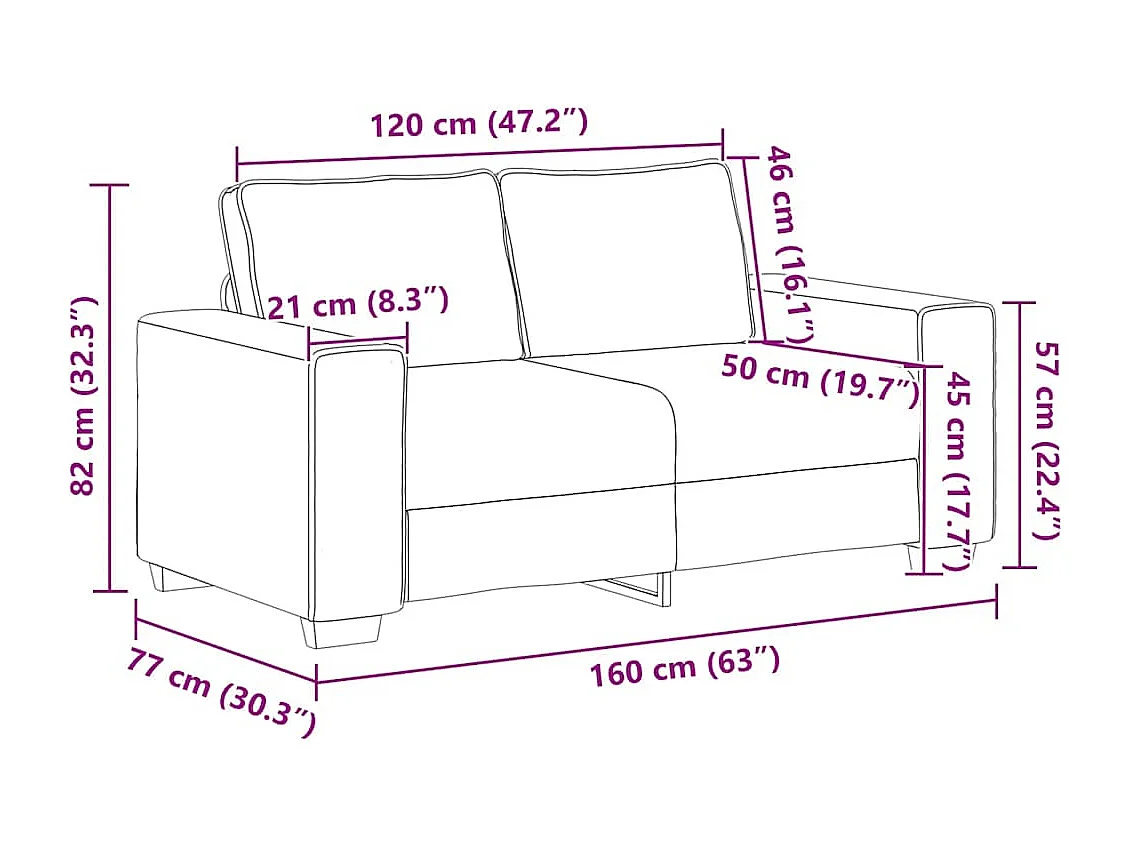 Canapé à 2 places noir 120 cm tissu