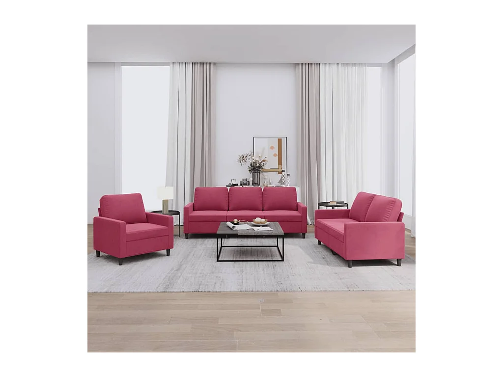 3-delige bankstel met kussens Bordeauxrood Fluweel