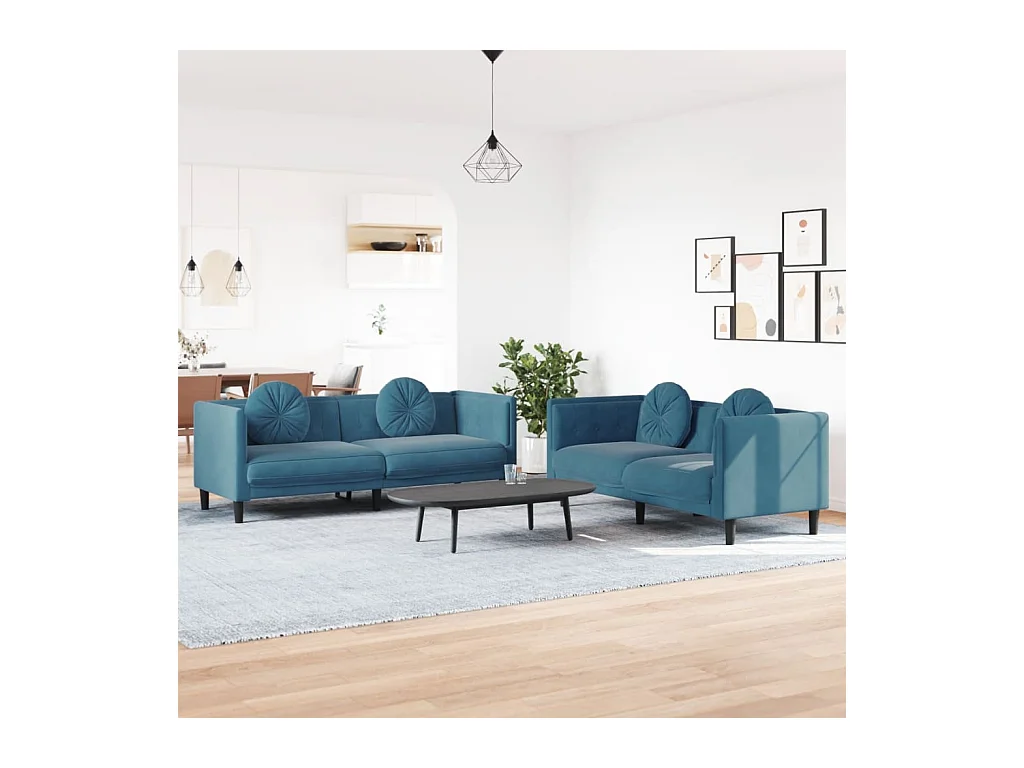 2-teiliges Sofaset mit blauen Samtkissen