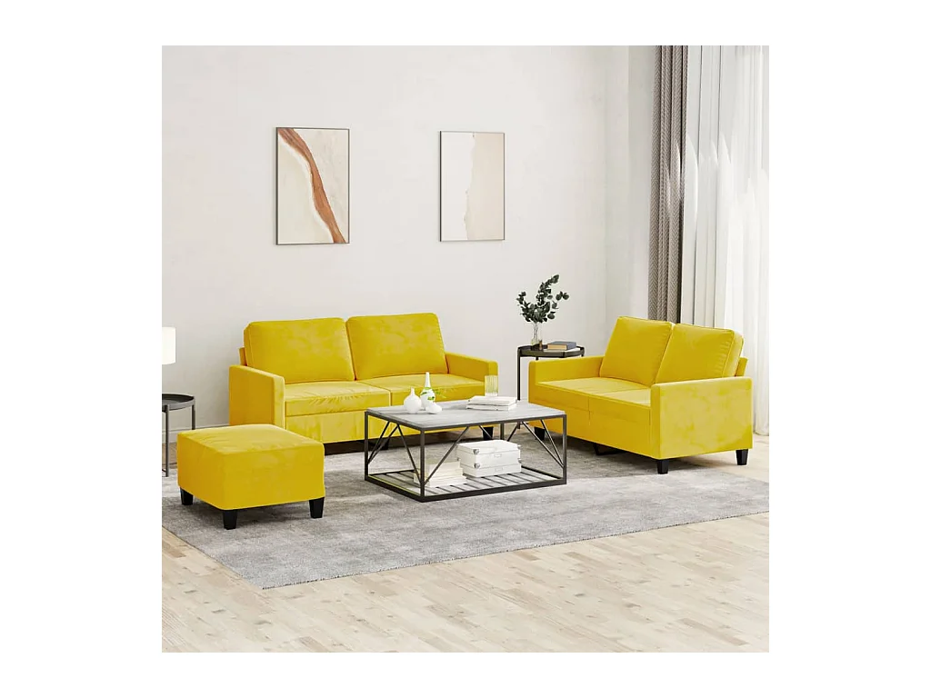 3-delige bankstel met kussens Geel Fluweel