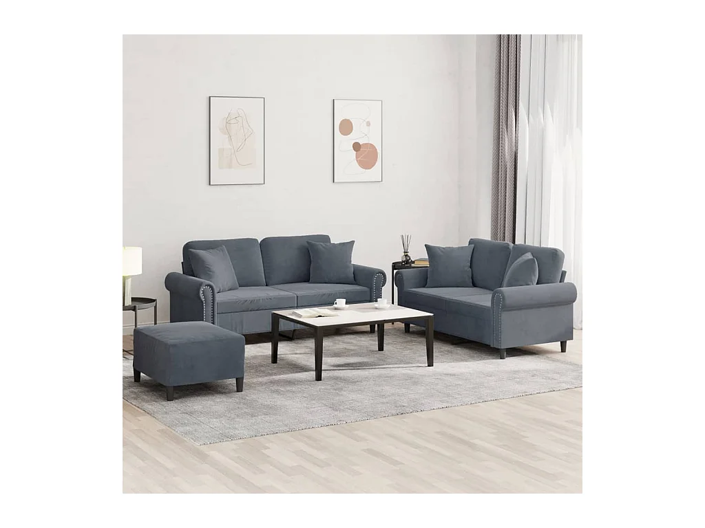 Conjunto de sofá de 3 piezas con cojines de terciopelo gris oscuro