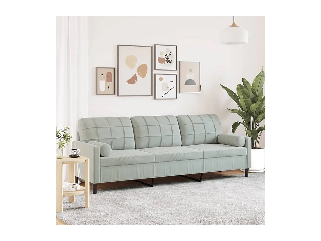 Sofá de 3 plazas con cojines gris claro de terciopelo de 210 cm.