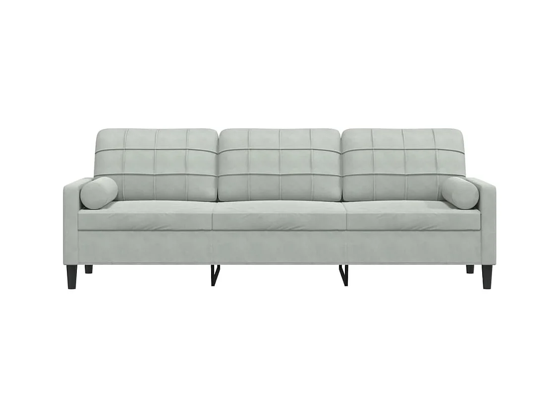 Sofá de 3 plazas con cojines gris claro de terciopelo de 210 cm.