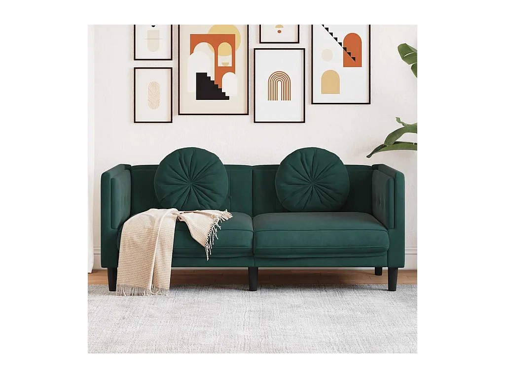 Sofá de 2 plazas de terciopelo verde oscuro con cojines