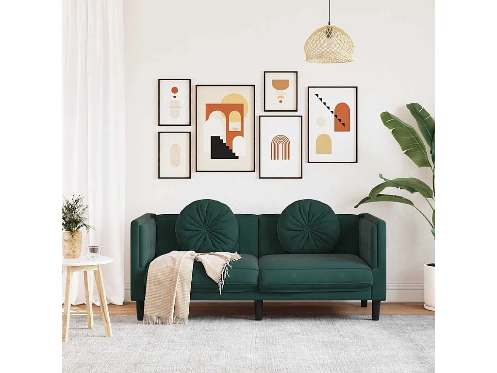 Sofá de 2 plazas de terciopelo verde oscuro con cojines
