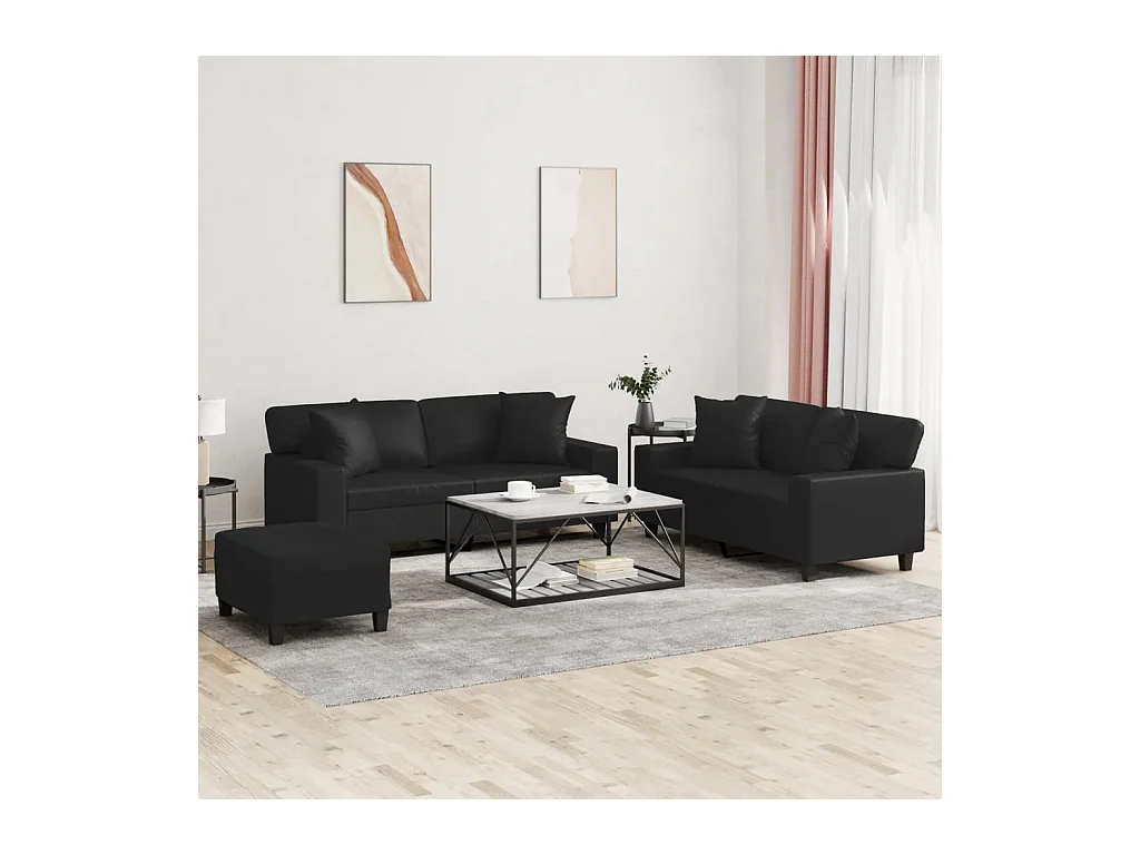 Conjunto de sofá de 3 piezas con cojines de piel sintética negra