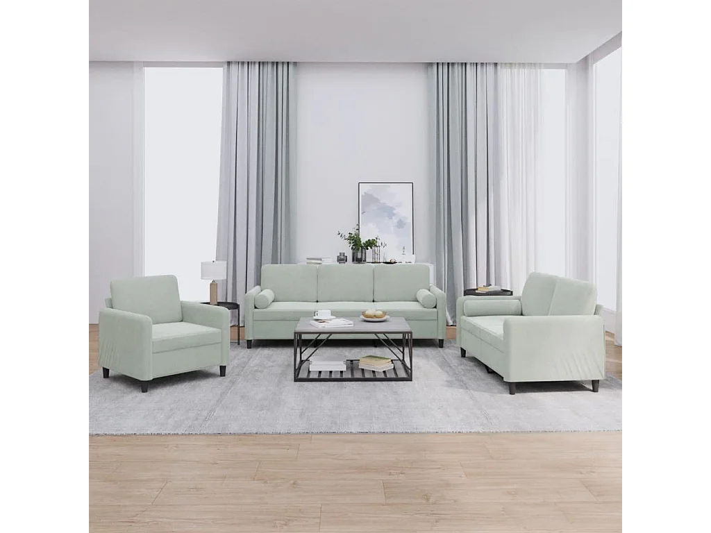 Set di divani 3 pezzi con cuscini in velluto grigio chiaro