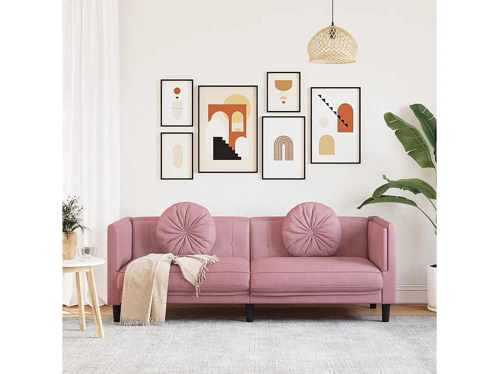 Sofá de 3 plazas con cojines de terciopelo rosa