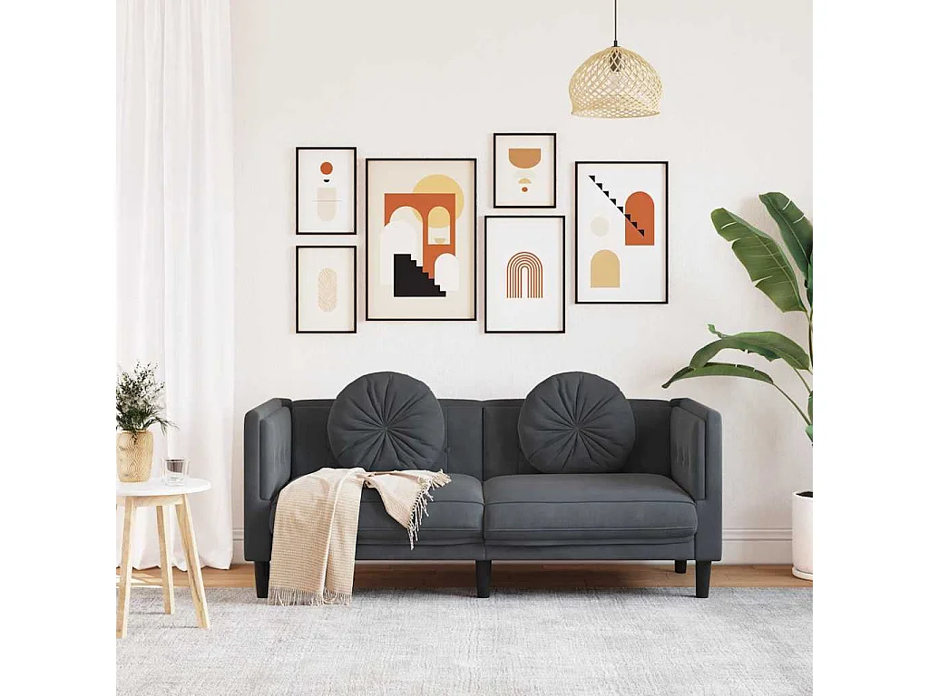 Sofá de 2 plazas de terciopelo gris oscuro con cojines