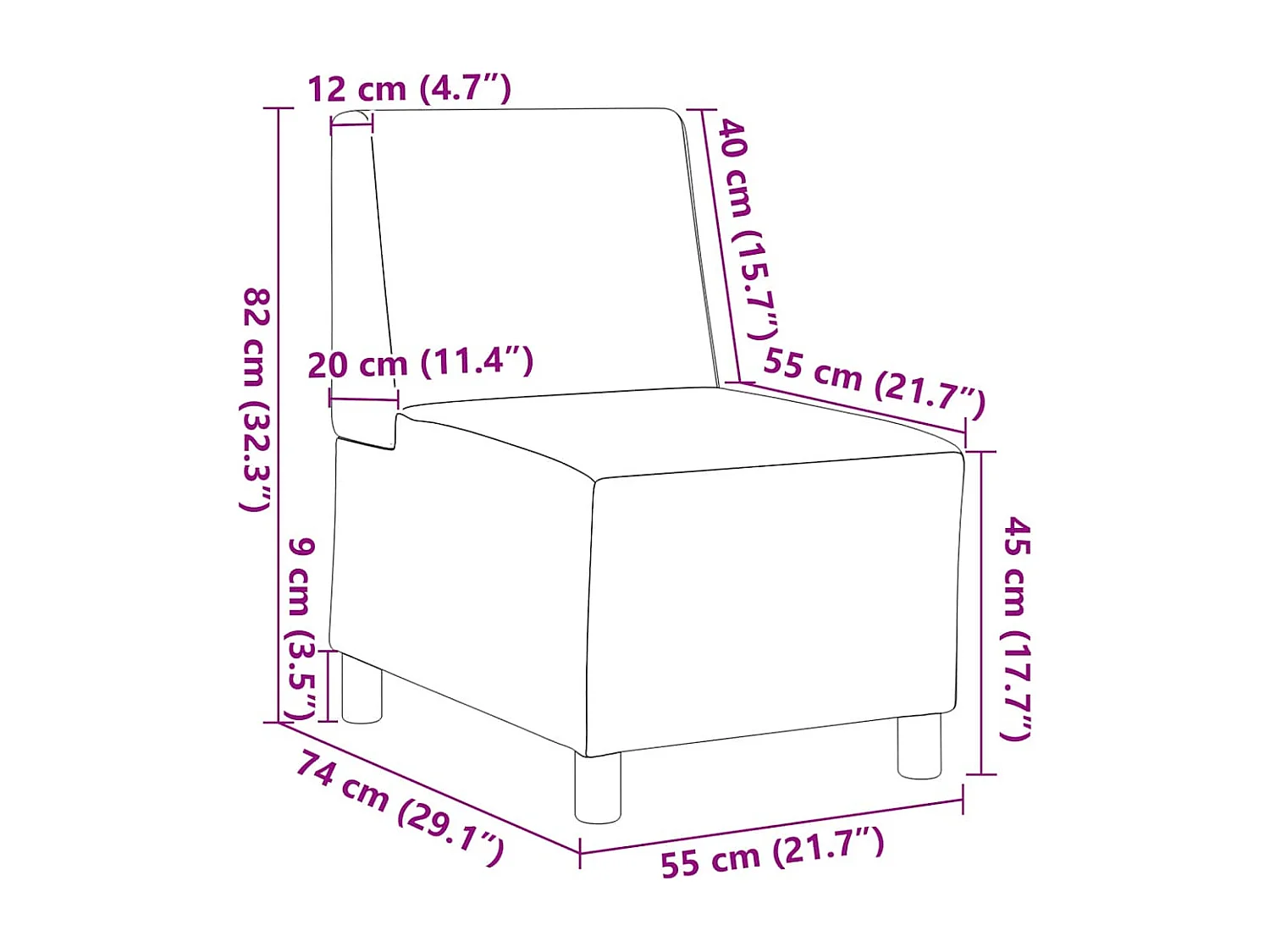 Canapé modulaire sans accoudoirs Gris foncé 55 cm Velours