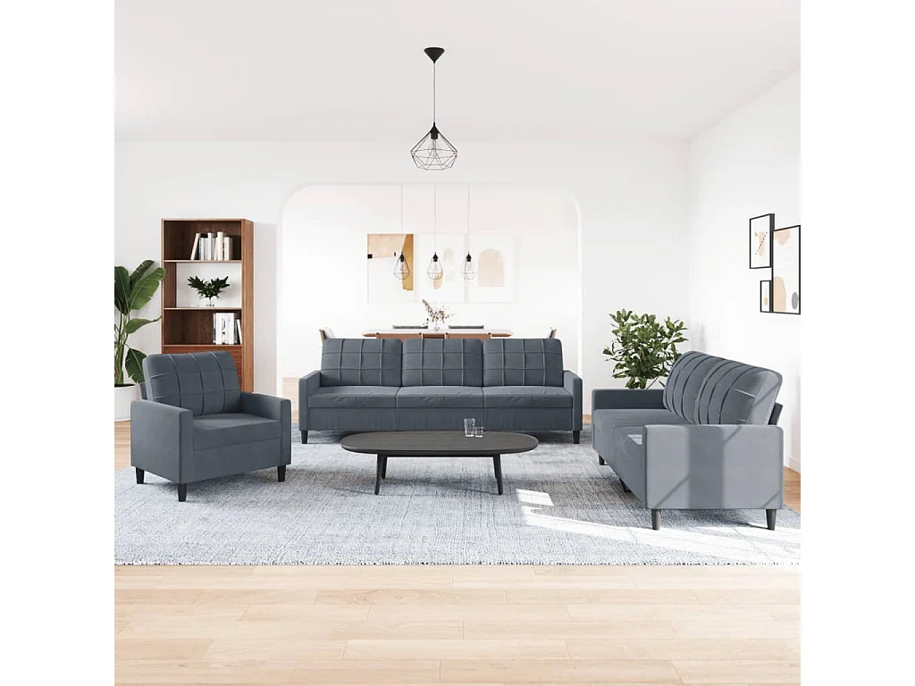 3-teiliges Sofaset mit Kissen, dunkelgrauer Samt