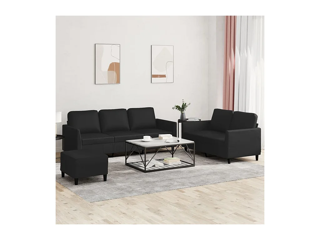 Conjunto de sofá de 3 piezas con cojines de piel sintética negra
