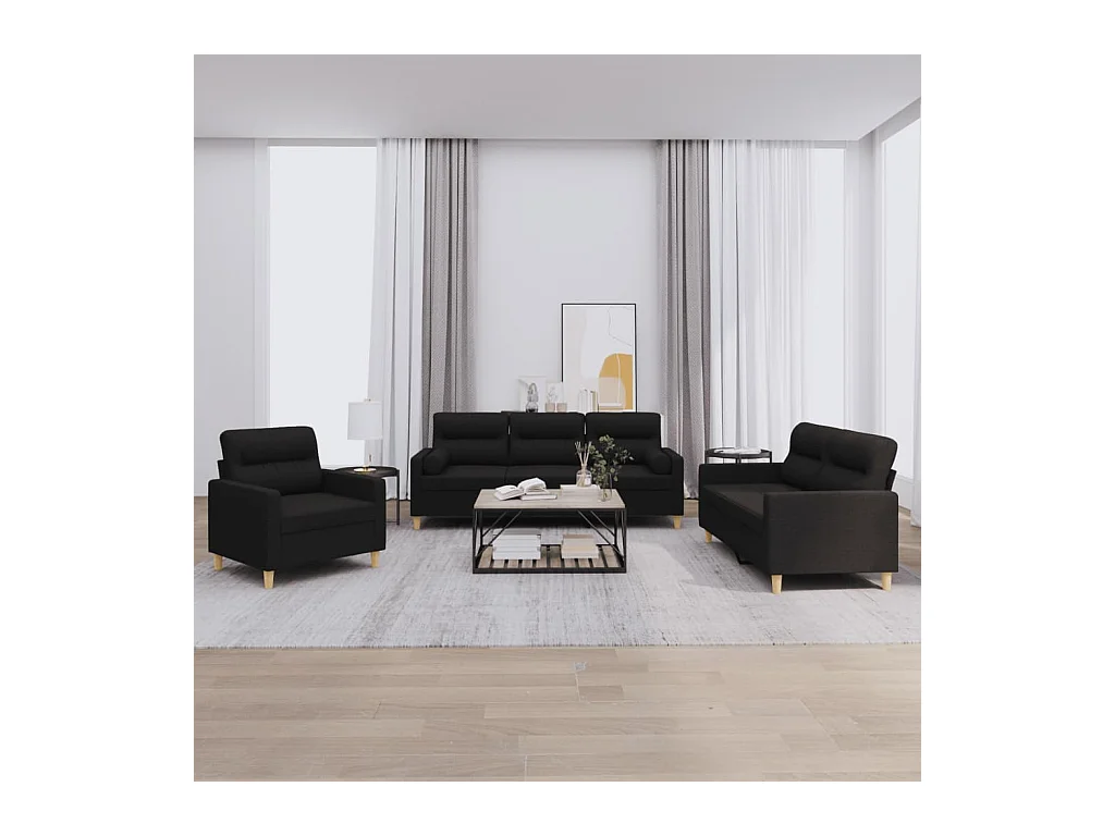 Conjunto de sofá de 3 piezas con cojines de tela negra