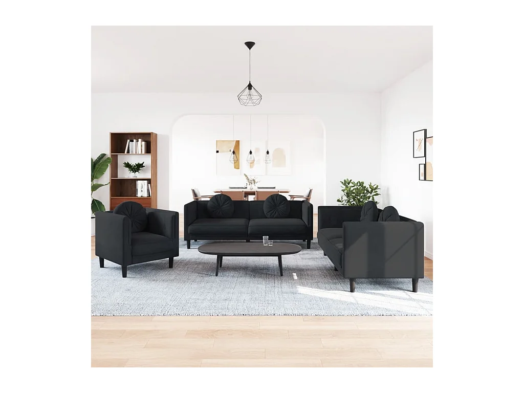 Conjunto de sofá de 3 piezas con cojines de terciopelo negro