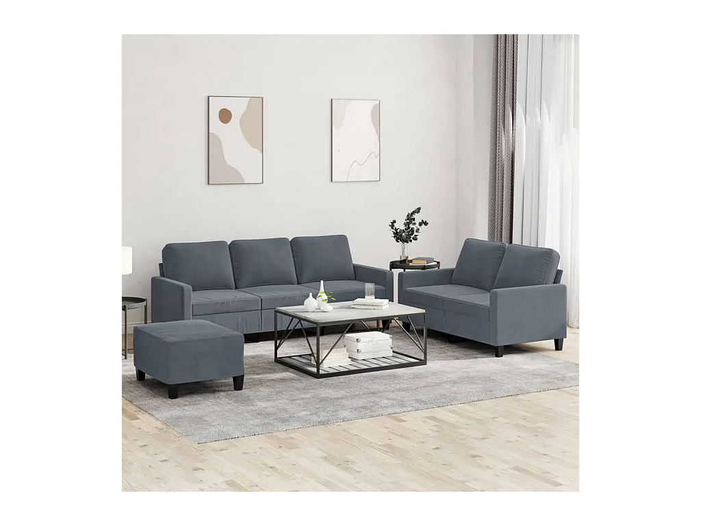 Set di divani 3 pezzi con cuscini in velluto grigio scuro